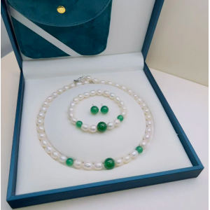 帝王绿臻藏珍珠（3件套）套装XH030-JW  玛瑙镶嵌 8-9mm